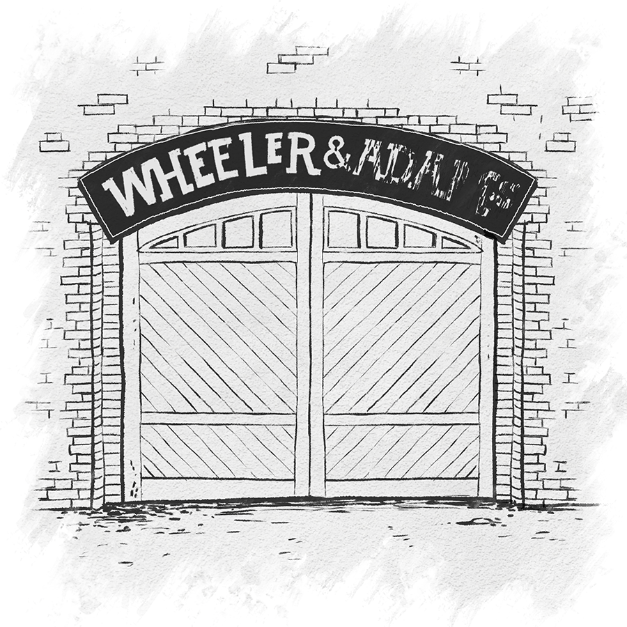 A drawing of a set of double doors in black on a white background. An arched sign over the doors reads “Wheeler & Adams.” The first name is clear, but the second is faded.
