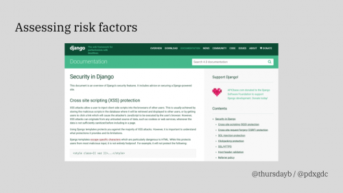 A gray slide with large black text reading "Assessing risk factors" and a screencap of the "Security in Django" web page, which is available at https://docs.djangoproject.com/en/4.0/topics/security/