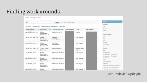 A gray slide with large black text reading "Finding work arounds" and a screenshot of a Djgo website interface showing data related to court hearings with personal details redacted.