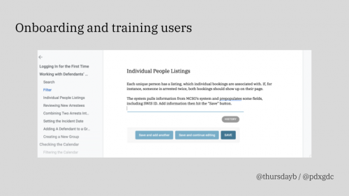 A gray slide with large black text reading "Onboarding and training users" and a screenshot of a Google Doc containing software documentation