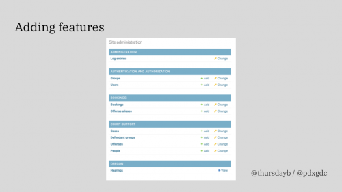 A gray slide with large black text reading "Adding features" with a screenshot of a Django menu.